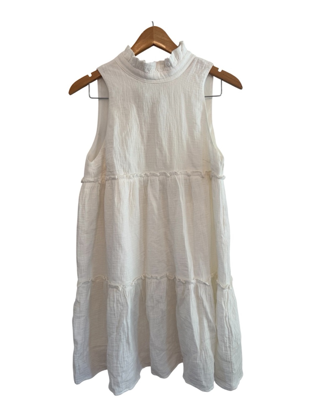 Tuckernuck Pomander Place Sleeveless White Ruffle Neck Tiered Dress Sz Small